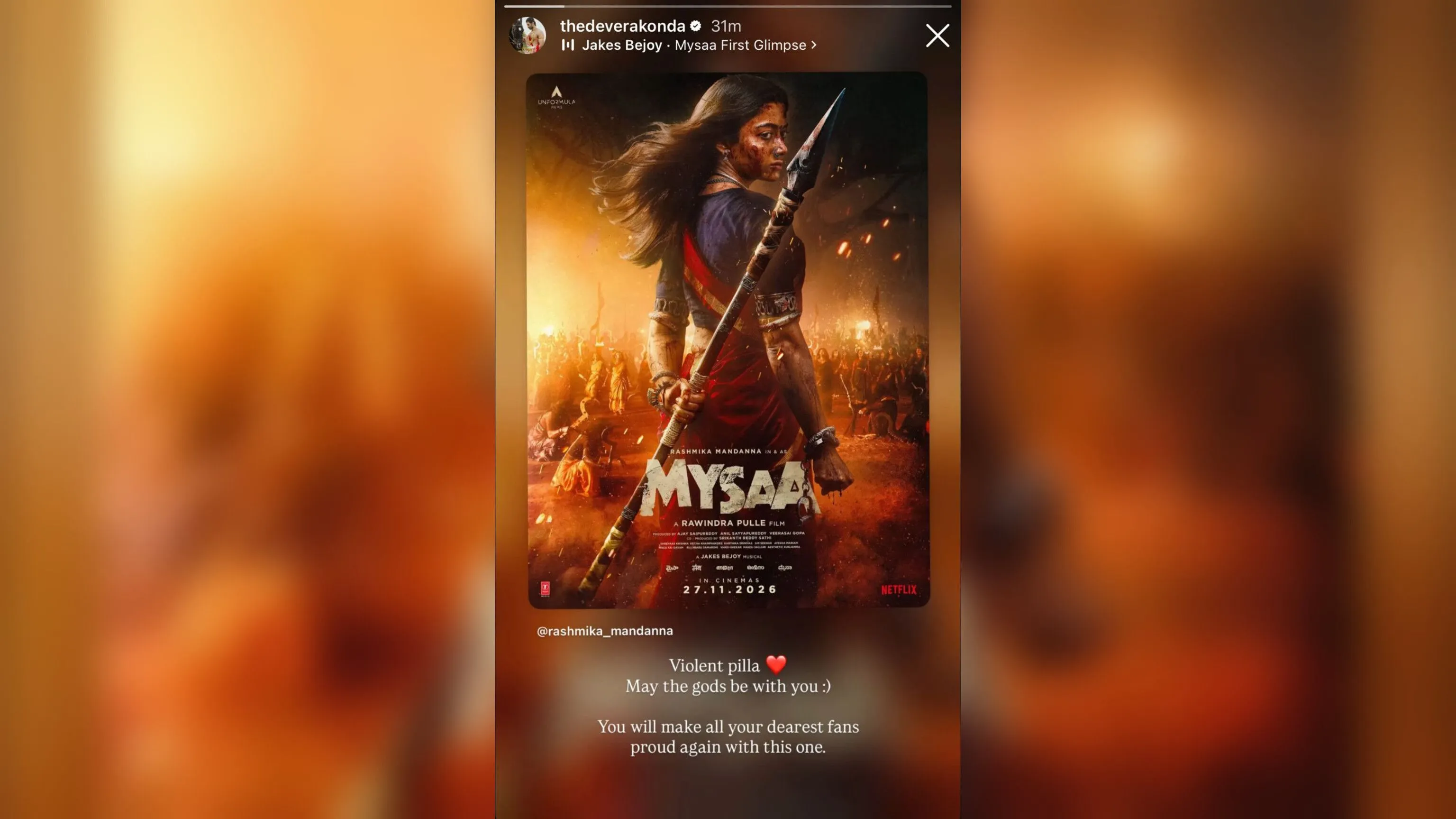 Mysaa: Vijay Deverakonda, Hanu Raghavapudi Wish Rashmika Mandanna for Her Intense Action Drama